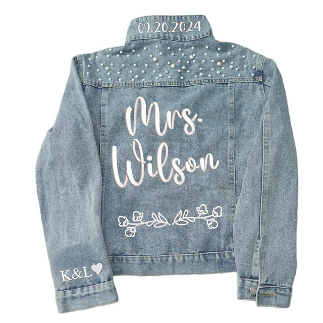 LullabyMall Custom Bride Jean Jacket For Wedding, Embroidered Wedding Jean Jackets For Bride, Gifts For Bride On Wedding Day