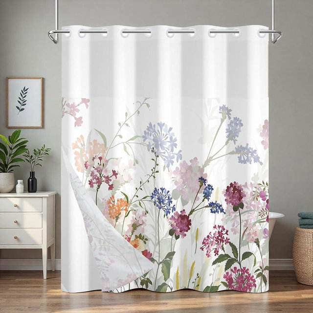 No Hook Farmhouse Shower Curtains for Bathroom, Waterproof Fabric Shower Curtain with Snap in Liner, Misty Garden Flowers Bathroom Shower Curtain Sets with Sheer Window for Bathroom Decor, 71x74 Inch