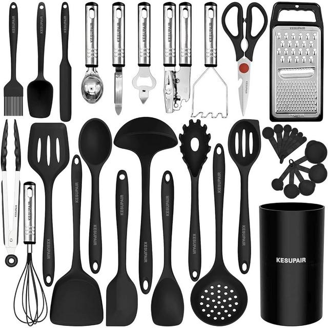 Kitchen Utensils Set - 446°F Heat Resistant Silicone Cooking Utensils Set-Kitchen Tools and Gadgets for Cooking Nonstick Cookware (Black)