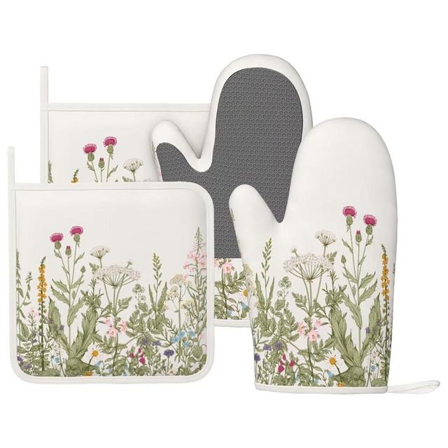 CEVIOLINRE Wildflower Botanical Oven Mitts and Pot Holders Set Silicone Heat Resistant Floral Plant Herbs Sage Green Leaves Kitchen Gloves Set Kitchen Mittens Pot Holders for Cooking Baking Grilling