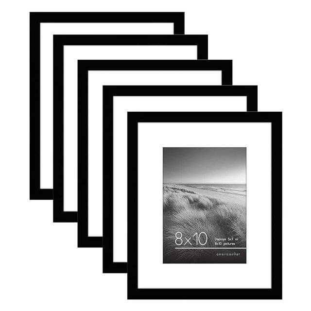Americanflat 8x10 Picture Frame Set of 5 in Black - Use as 5x7 Picture Frame with Mat or 8x10 Frame Without Mat - Picture Frames Collage Wall Decor with Plexiglass and Easel for Wall or Tabletop