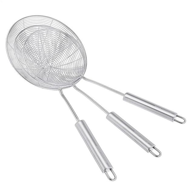 AmazonCommercial Stainless Steel 3-Piece Spider Strainer Set, Set Contains 5.3", 5.9", and 6.75" Strainer, Pack of 3