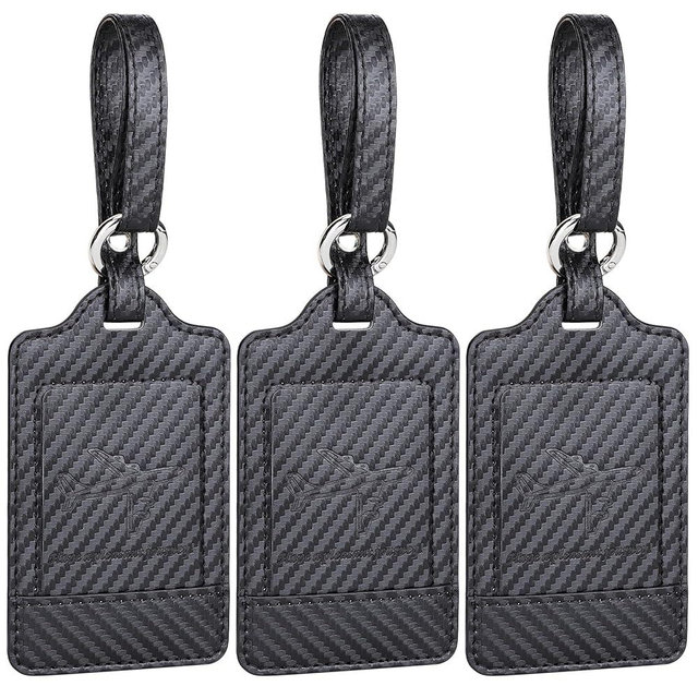 Teskyer Luggage Tags, 3 Pack Premium PU Leather Luggage Tags for Suitcases, Privacy Protection Travel Bag Tags, Carbon Fiber Black