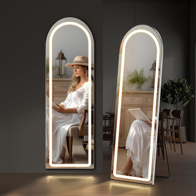 Arched Mirror Full Length with LED Lights, 16"x60" Body Wall Mirrors, Floor Standing Hanging Leaning, Tall Arch Mirror with Stand Aluminum Alloy Frame, Dimmable 3-Color Lighting for Bedroom Cloakroom
