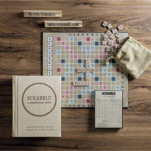 WS Game Company Scrabble Vintage Bookshelf Edition Linen Fabric-Wrapped Book Case with Solid Wood Tiles and Racks, Classic Retro Scrabble Board Game for Family Night, 2 to 4 Players, Ages 8+