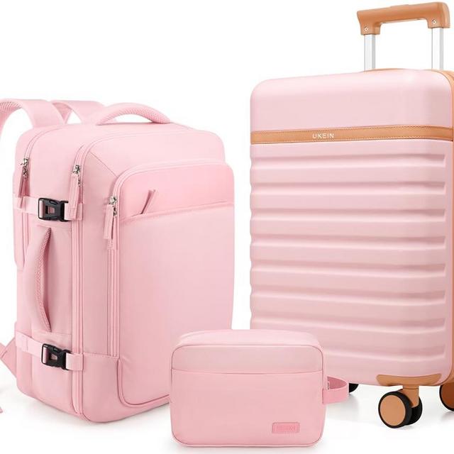 UKEIN Luggage Sets 3 Piece, Carry On Luggage 20 Inch With Spinner Wheels,PC Hardside Suitcase Set with TSA Lock,Durable Carry On Suitcase With Travel Backpack for Men (Pink, 3 piece set (20inch))