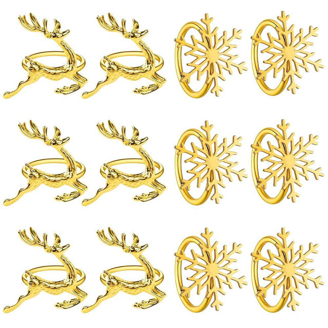 Homotte Gold Christmas Napkin Rings Set of 12, Christmas Reindeer and Snowflake Napkin Holders for Thanksgiving Table Decorations, Christmas Banquet, Daily Receptions