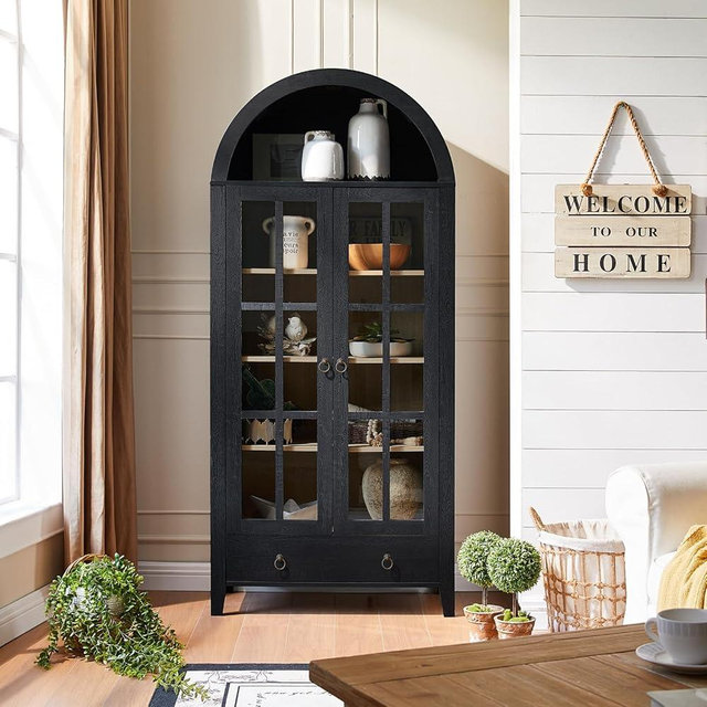 RowyPoey Farmhouse Arched Cabinet with Glass Doors, Wood Display Cabinet with Drawer and Adjustable Shelves, 71” Tall Bookshelf Modern China Storage Kitchen Pantry for Living Room,Office (Black)