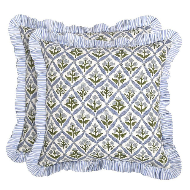 Ridhi Modern Farmhouse Pillow Covers Decorative Cotton Throw Pillow Covers Set of 2 Light Steel Blue Cushion Covers with Ruffle for Couch Sofa Bed Living Room Spring Home Decor 18x18