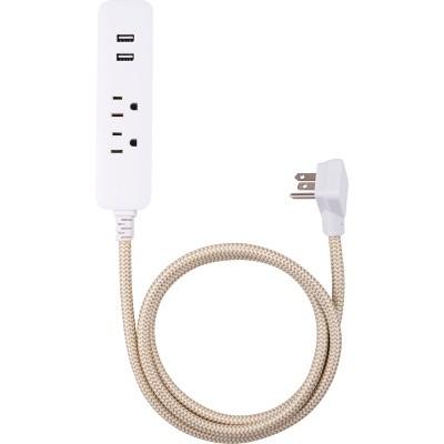 Cordinate 4ft 2 Outlet 2 USB 2.4A Extension Cord Braided Tan/White