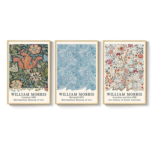 Framed William Morris Wall Art Set of 3, Large Vintage Floral Botanical Canvas Prints, Colorful Artwork for Living Room Bedroom Hallway Office Wall Decor, 16x24 Inch