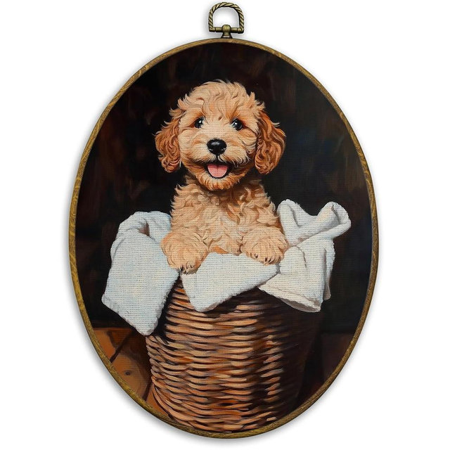 CUANFDDSF Vintage Goldendoodle Laundry Room Oval Wall Art Decor, Golden Doodle Gifts Wall Hanging Decor, Farmhouse Dog in Basket Framed Canvas Prints for Bathroom Washroom Restroom, 8.6x11.4 Inch
