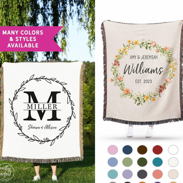 Personalized Throw Blanket Wedding Anniversary Gifts, Newlywed Gift for Couples, Custom Wedding Engagement Gift, Monogram Throw Blanket