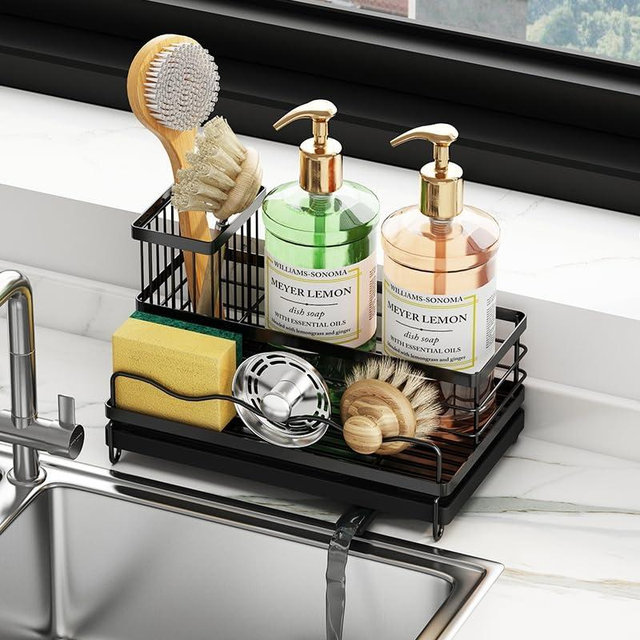 BEENLE Sink Caddy Kitchen Sink Organizer, 304 Stainless Steel Sponge Holder for Kitchen Sink with High Brush Holder, Countertop Dish Soap Holder Dispenser with Auto Drip Tray