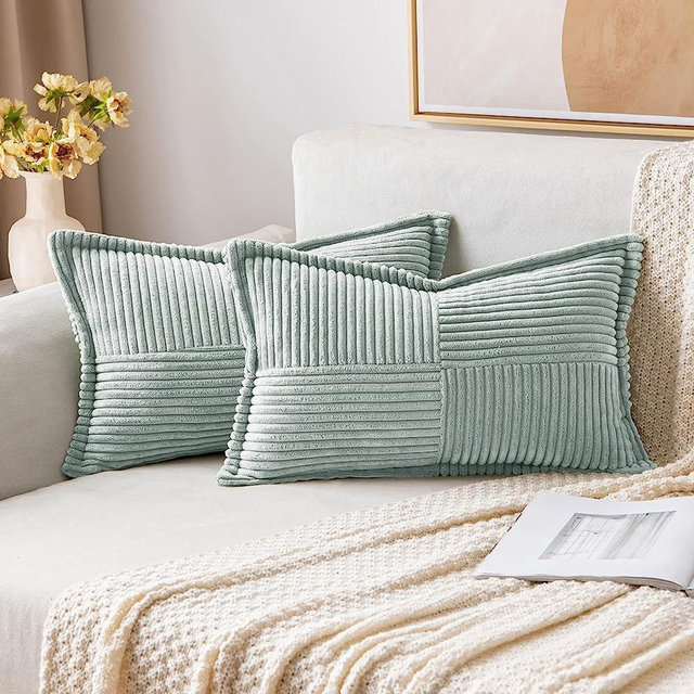 MIULEE Corduroy Pillow Covers with Splicing Set of 2 Super Soft Couch Pillow Covers Broadside Striped Decorative Textured Throw Pillows for Cushion Bed Livingroom 12 x 20 inch, Greyish Green