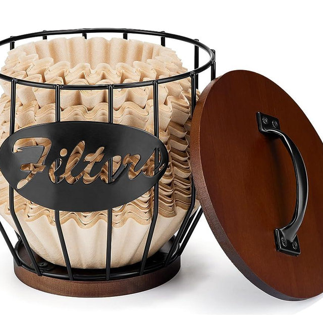 Yangbaga 8-12 Cup Coffee Filters Holder with Wood Lid,Large Capacity Coffee Filter Storage Container Basket,Round Coffee Filter Holder Case for Counter,Coffee Bar Accessories decor