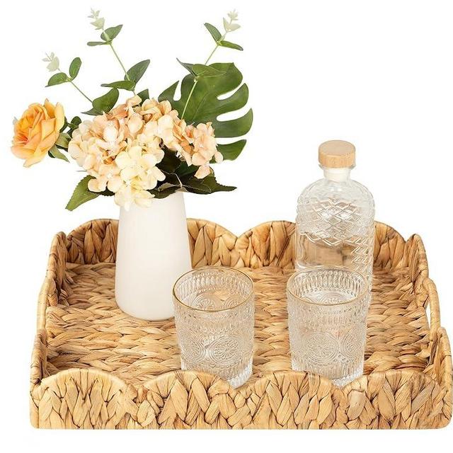 StorageWorks Scalloped Edge Rectangle Serving Tray, Rectangle Serving Tray with Built-in Handles, Decoratve Tray for Coffee Table, Water Hyacinth Rattan Tray