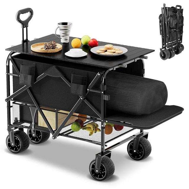 Double Decker Wagon Collapsible with Table - Sports Wagons Carts Foldable with Extender, 500LBS Heavy Duty Utility Lounge Wagon with Brakes, 400L Larger Capacity for Camping,Beach,Garden,Grocery