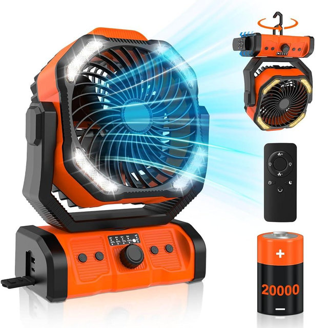 yiiard Portable Camping Fan with Light & Remote Control, 2.0 Ah Battery Powered Tent Fan, Double Blades, 270° Oscillation, Swivel Hook, Ideal for Camping, Hiking & Outdoor Activities
