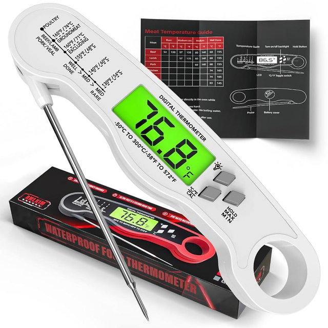 AWLKIM® Meat Thermometer Digital - Fast Instant Read Food Thermometer for Cooking, Candy Making, Outside Grill, IP67 Waterproof Kitchen Thermometer with Backlight, Stocking Stuffers for Men - White