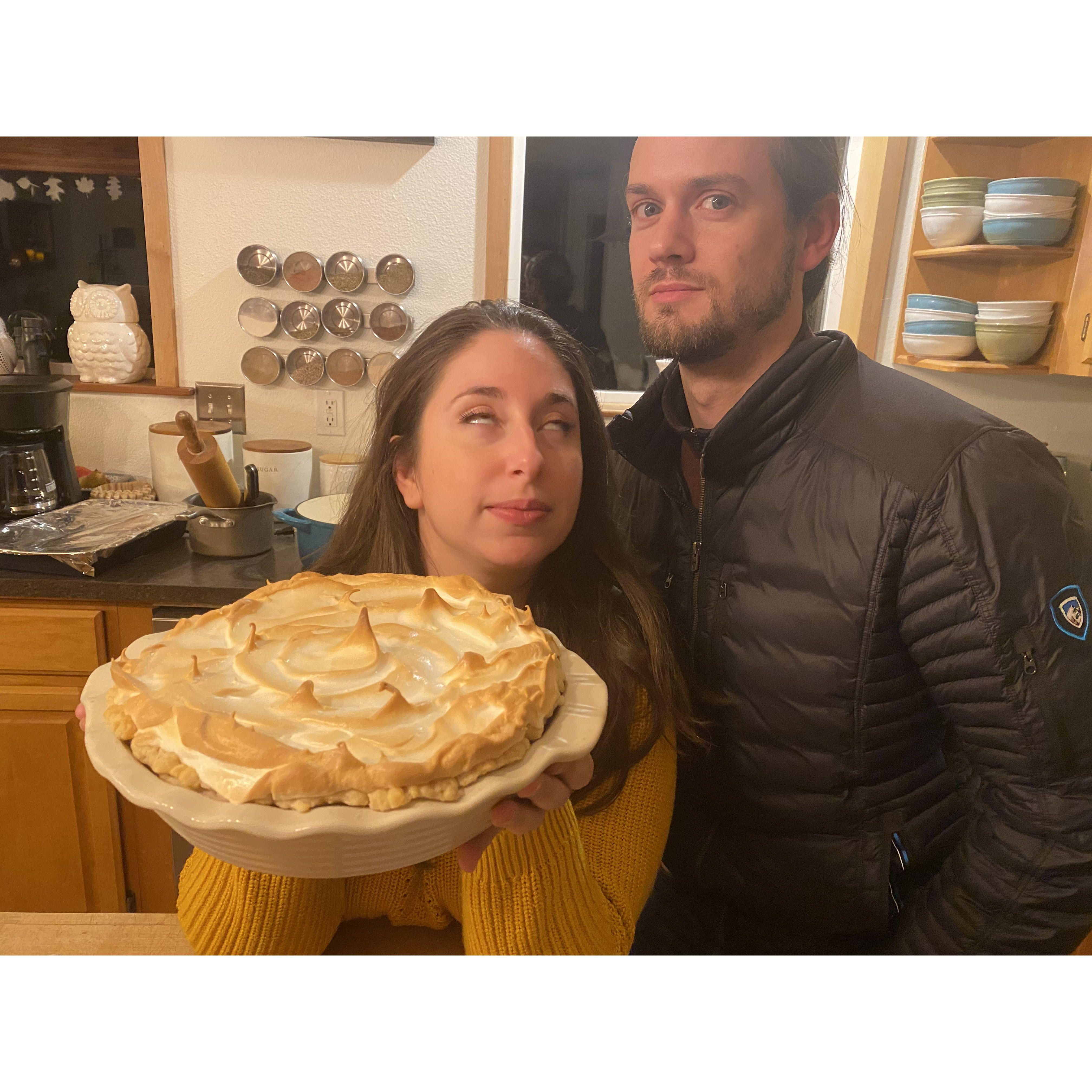 Funny candid shot of Sylvana showing off her famous lemon meringue pie at Thanksgiving in 2022