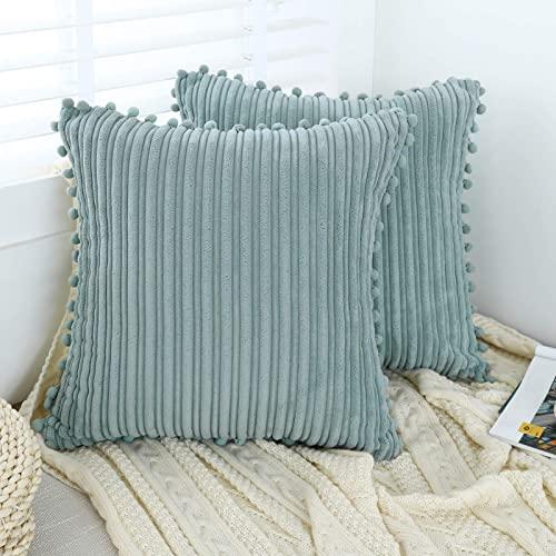 Oirpro Grey Blue Pillow Covers 18x18 inch with Pom-poms Set of 2 Corduroy Farmhouse Boho Accent Decorative Throw Pillow Covers for Couch Bed Sofa