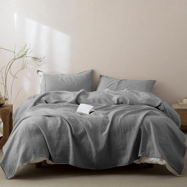 Talasily 100% French Pure Linen Sheets Set King Size,Oeko-TEX Certified Bedding, All-Season Breathable for Hot Sleepers,16 Inch Deep Pocket Machine Washable 4-Piece (Earl Grey)