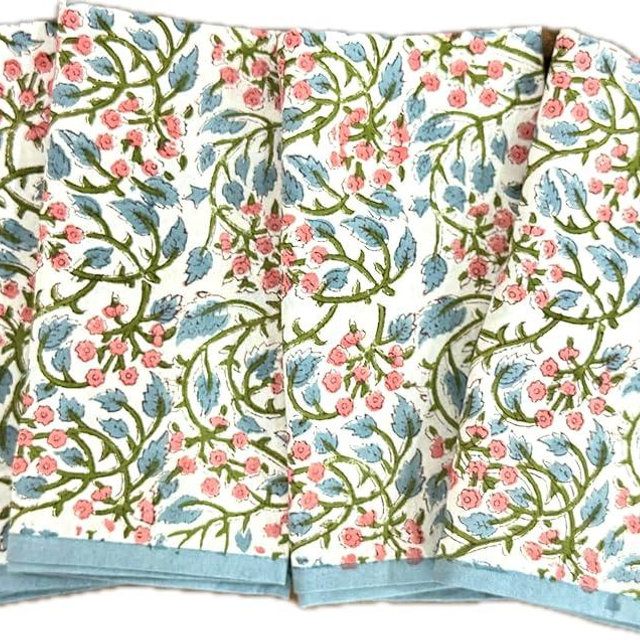 ATOSII Kalina 100% Cotton Cloth Napkins, Hand Block Floral Print Designer Table Linen, Perfect for Dinners, Weddings, Cocktails, Parties, Christmas, New Year Gifting I 20 X 20 Inches I Set of 4