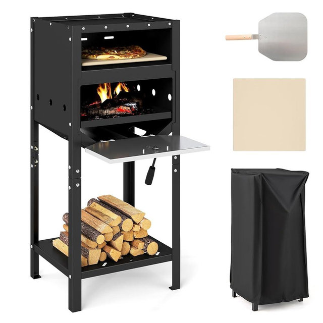 Happygrill 12” Pizza Oven Outdoor, Wood-Fired Pizza Stove with Ash Tray & Wood Storage, Pizza Stone, Pizza Peel & Oxford Cloth Cover, Multi-Fuel Pizza Maker for Patio, Backyard, Camping & BBQ