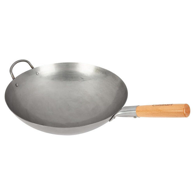 Cuisinart 14” Carbon Steel Hammered Wok, Traditional Round Bottom, Stir Fry Pan with Wooden & Helper Handle for Authentic Asian Cuisine, Wok Hei Cooking Perfect for Stir-Fry, Sauté & Deep Fry