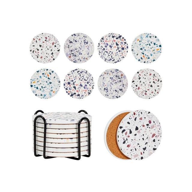 Juvale Set of 8 Round Terrazzo Ceramic Coasters with Holder and Cork Base, Housewarming Gifts, 4 Inches