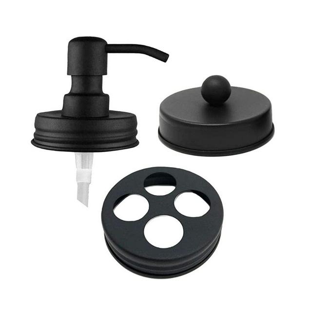 The Southern Jarring Co. Mason Jar Bathroom Accessories Lid Set - Jars NOT Included - Soap Dispenser, Toothbrush Holder, and Apothecary Lids for Regular Mouth Mason Jars (Black Stainless Steel)