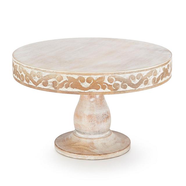 Southern Living White Washed Mango Wood Carved Footed Cake Plate