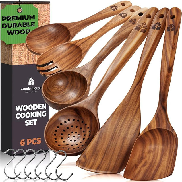Wooden Spoons for Cooking – 6 Pcs Premium Teak Wooden Utensil Set with Hooks - Durable, Nonstick Safe, Easy to Clean & Heat Resistant with Ergonomic Handles