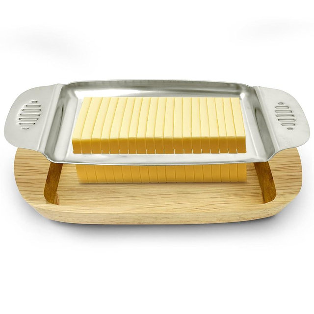 Butter Cutter Slicer with Wooden Tray - Food Grade 18/8 Stainless Steel Butter Slicer for perfect butter squares. Sharp Wires 1/4 inch slices with mini wooden cutting board dish- Dishwasher Safe,