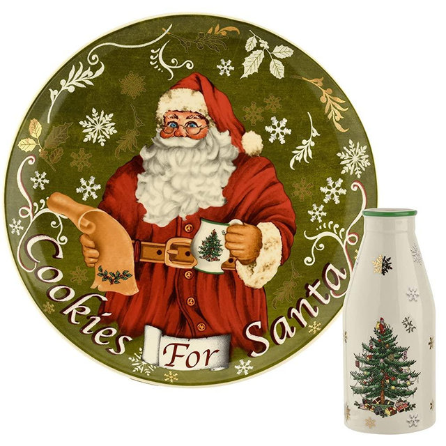 Spode Christmas Tree Collection Cookies for Santa Plate and Milk Bottle Set, 2 Piece Plate & Bottle Set for Christmas Eve, Made of Fine Porcelain, Dishwasher Safe