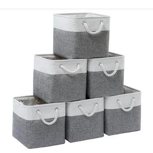 11 x 11 Inch Cube Storage Bins, 6 Pack Large Collapsible Fabric Storage Bin with Ropes, Foldable Storage Cubes for Home, Office,Closet, Clothes, Toys Organizer (White & Grey-11"x11"x11")