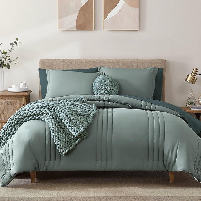Monbix California King Size Comforter Set - 7 Pieces Bed in a Bag California King, Sage Green Bedding Sets, All Seasons Down Alternative Comforter Bed Set with Sheets, Pillowcases & Shams
