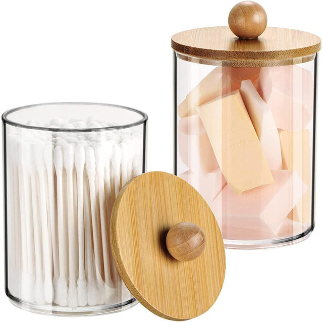 Qtip Dispenser Apothecary Jars with Bamboo Lids - Clear Plastic Vanity Makeup Organizer Storage Canister - Bathroom Accessories for Q-Tips, Cotton Swab, Cotton Ball, Cotton Rounds, floss (2)