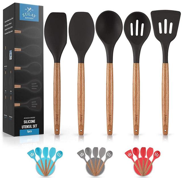 Premium 5 Piece Silicone Utensils Set with Authentic Acacia Hardwood Handles, All Purpose Silicone Spatulas Kitchen Set, Wood Cooking Utensils Set, Non-Stick Cookware by Zulay Kitchen - Black