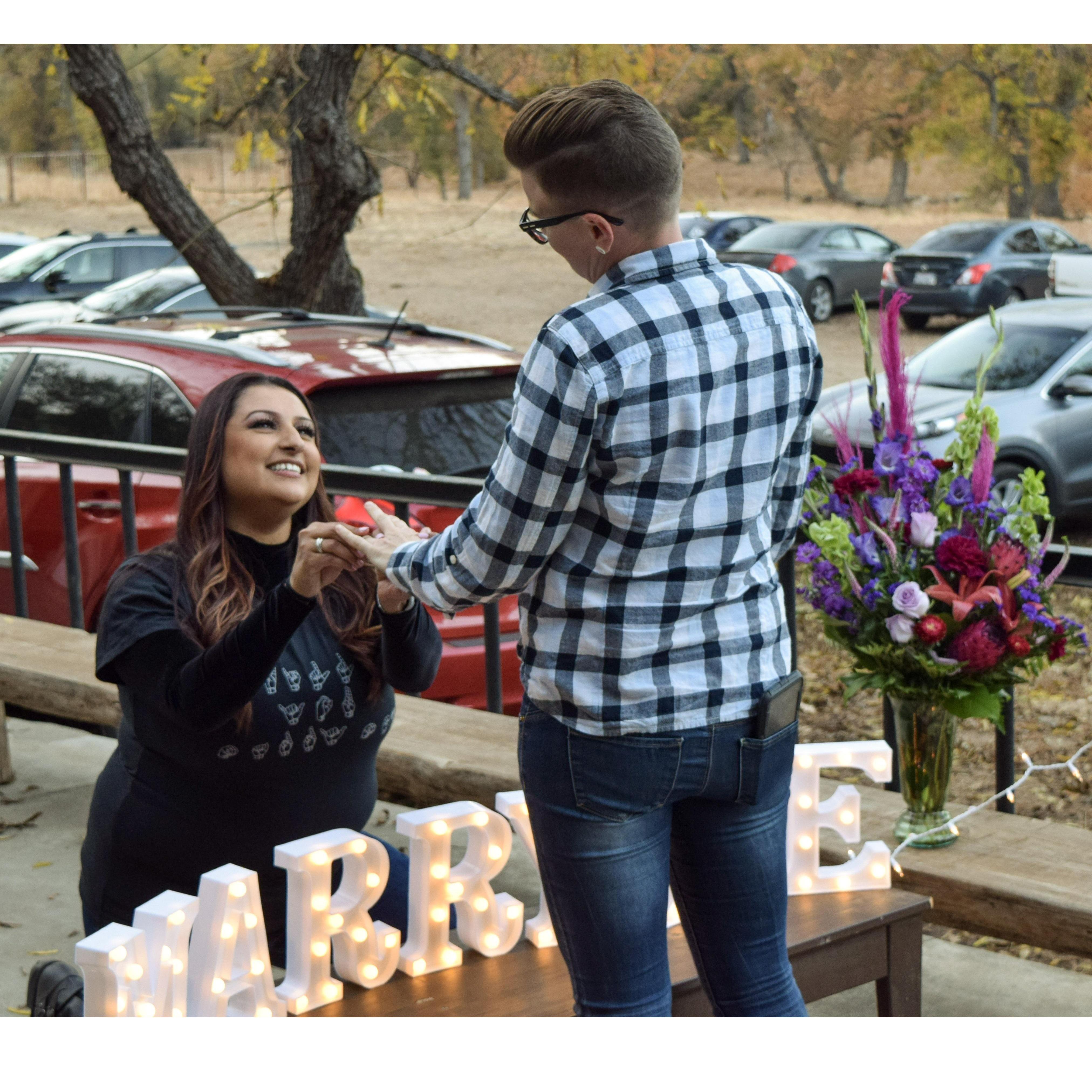 When I proposed to Lacie in front of our friends!