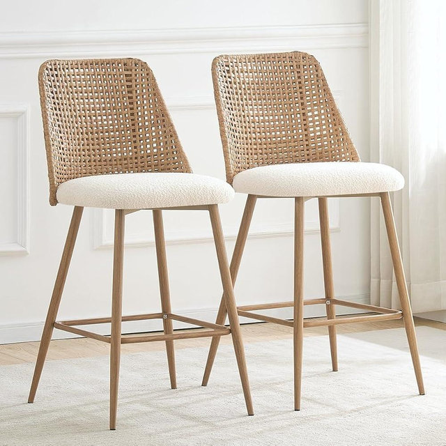 JALOURT Rattan Bar Stools Set of 2, 26 Inches Height Wicker Bar,PE Rattan Stools with Metal Legs,Wicker Bar Stools Set of 2