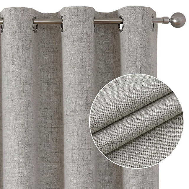 Joydeco 100% Blackout Linen Curtains 72 Inches Long 2 Panels, Thermal Insulated Burlap Curtain & Drapes, Grommet Room Darkening Textured Curtains for Bedroom Living Room (52x72 inch,Greyish White)