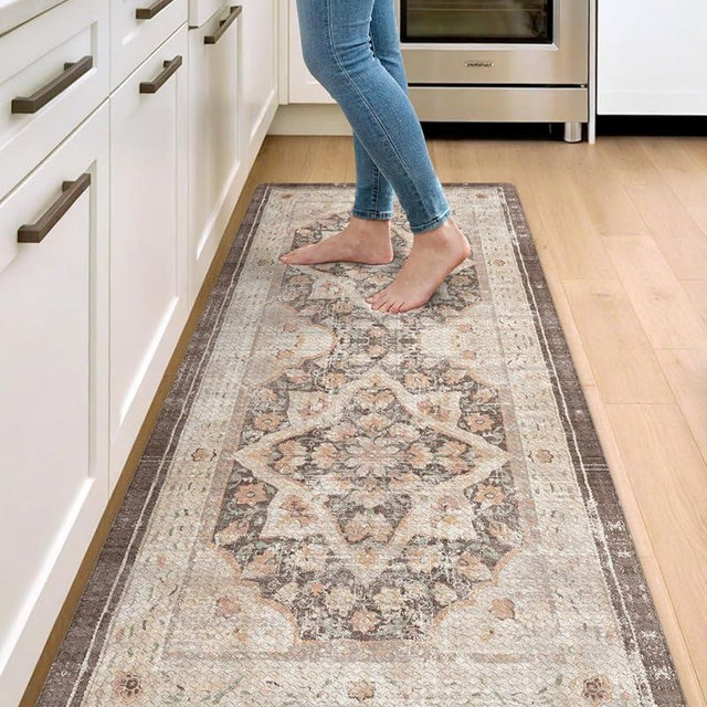 DEXI Kitchen Floor Mats Anti Fatigue, 23x59 Large Cushioned Vintage Runner Rug Waterproof, Standing Comfort Memory Foam Padded for Front Sink Laundry Office, Beige and Brown
