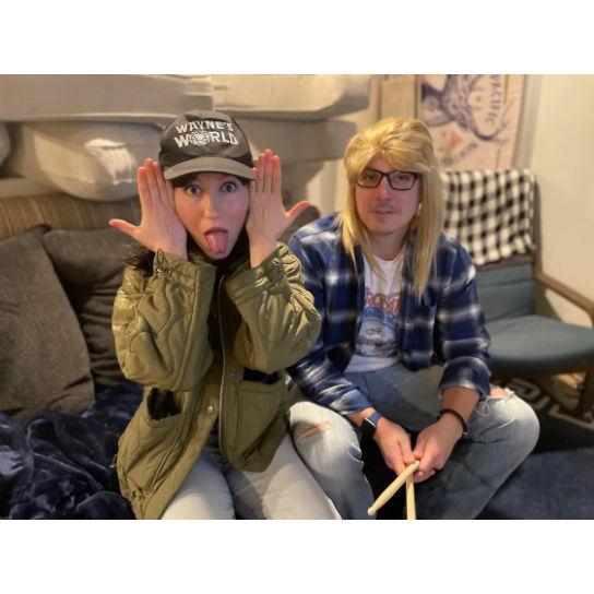 Live in the now!  When our friend Chris had a rock-themed karaoke birthday party, we decided to dress up like Wayne and Garth. Party time! Excellent! Schwing! -bp