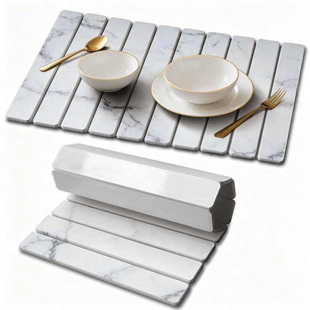 Stone Drying Mat for Kitchen Counter, Quick Diatomaceous Earth Mats for Dishes, 23.6"L x 15.7" W Super Absorbent Fast-Drying Collapsible Countertop Stone Mat (Marble White, 24" x 16")