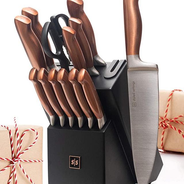 Copper Knife Set with Block-14 PC Self Sharpening Knife Block Set- Rose Gold Knife Set & Black Knife Block with Kitchen Knife Sharpener- Copper Kitchen accessories, Rose Gold Kitchen Accessories
