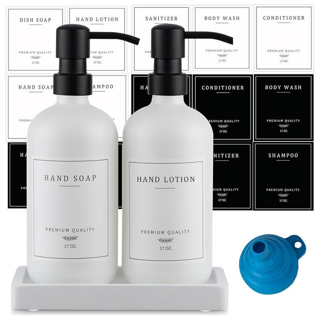 Thick Glass Soap Dispenser - Kitchen Dish Hand Soap Dispenser Set,Rustproof Pump Soap Lotion Dispenser Bathroom with Tray,14 Stickers for Kitchen Decor White Bottle/Black Pump