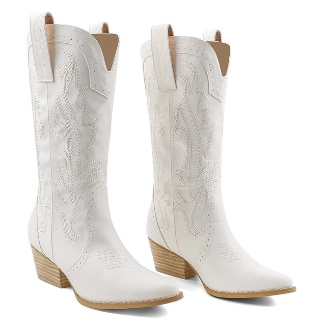 Zzheels Women Mid-calf Cowboy Boots Pointy Toe Boot Embroidered Western Cowgirl Boots Chunky Heels