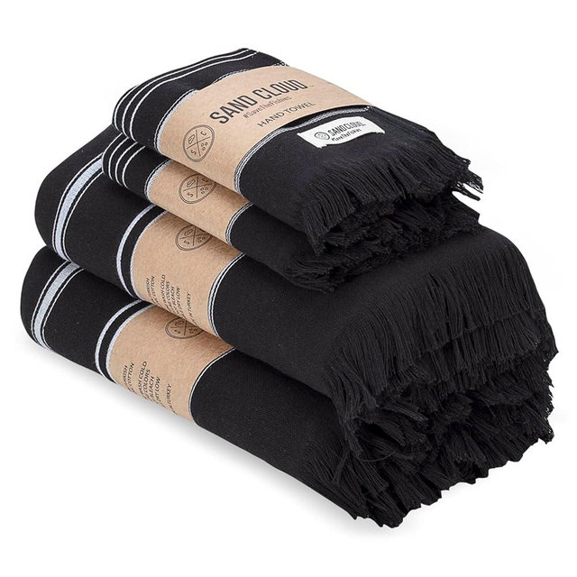 Sand Cloud Turkish Bath Towels Bundle for Bathroom, Set of 4 (Classic Black) - Large Size - 100% Certified Organic Cotton Yarn is Lightweight, Soft & Absorbent - Premium Bath & Hand Towels Dry Faster